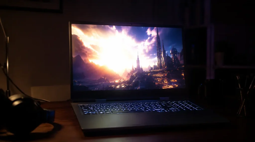 Gaming laptop screen showing a bright high contrast HDR display conflicting with Windows Night Light in a dim room