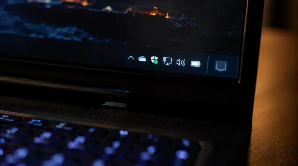 Close up of the Windows taskbar system tray where background color management apps can run unnoticed
