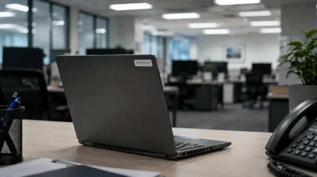 Corporate IT managed laptop on an office desk representing a Group Policy restricted Night Light setting