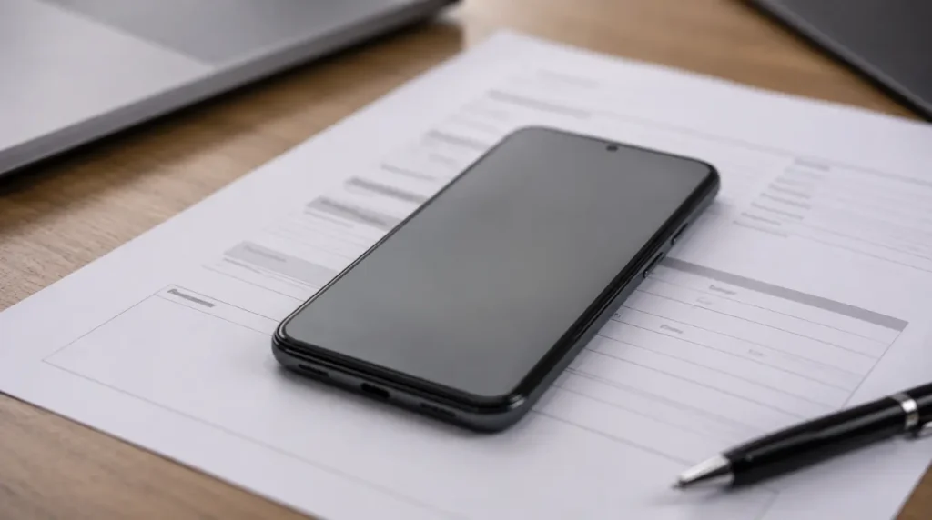 Google Pixel phone placed on warranty document for screen repair coverage