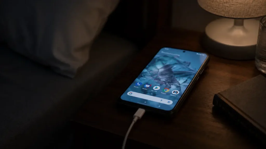 Smartphone left charging overnight with screen on causing burn-in risk