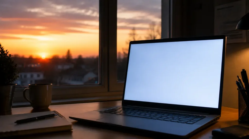 Laptop near a window at sunset with the screen still showing a cool white tone instead of the automatic Night Light schedule