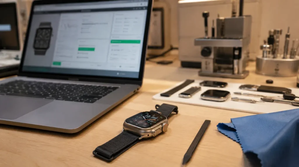 Apple Watch Ultra 2 on repair technician desk during hardware diagnostic check
