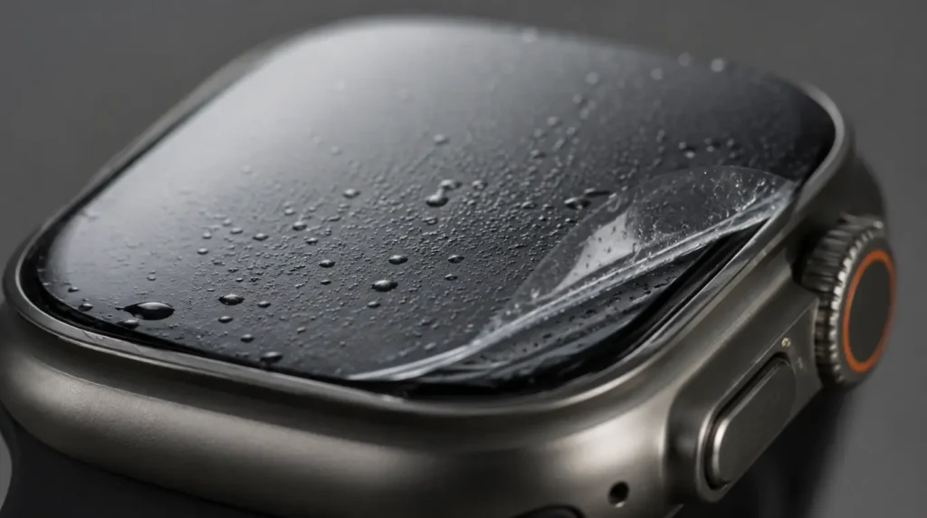 Close-up of Apple Watch Ultra 2 screen with moisture trapped under screen protector