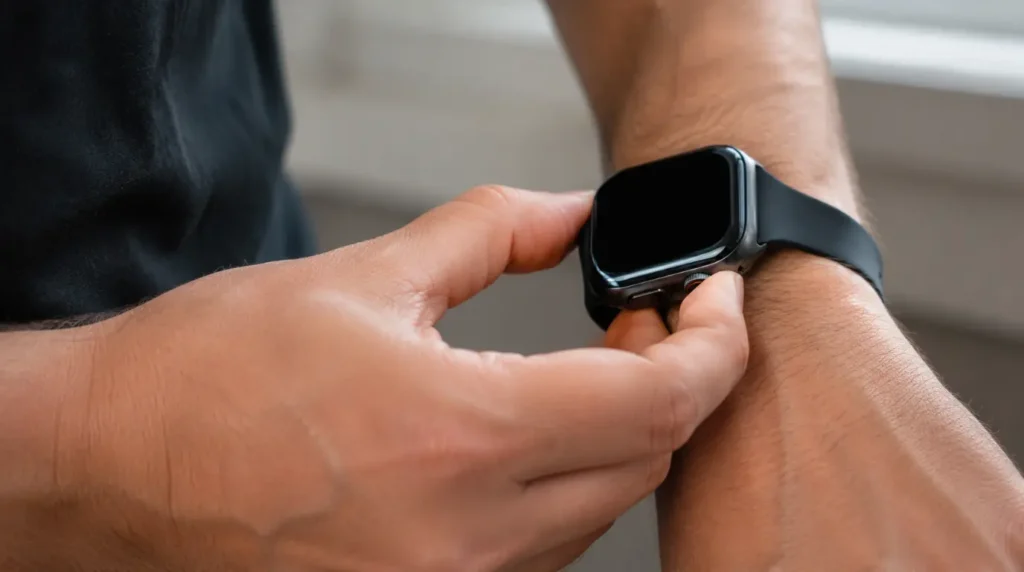 Hand performing force restart on Apple Watch by holding side button and Digital Crown