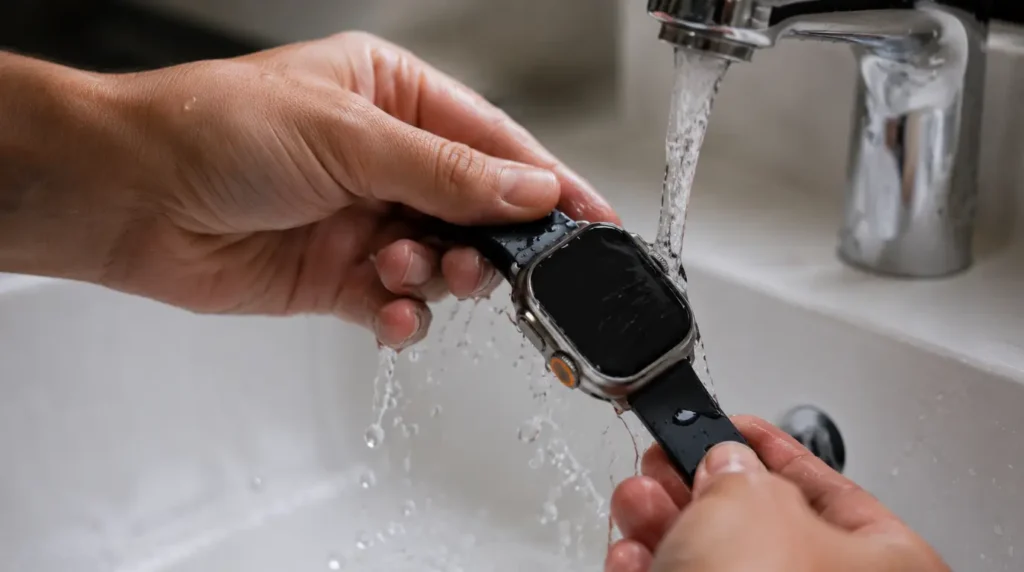 Rinsing Apple Watch Ultra 2 under water to prevent ghost touch issues