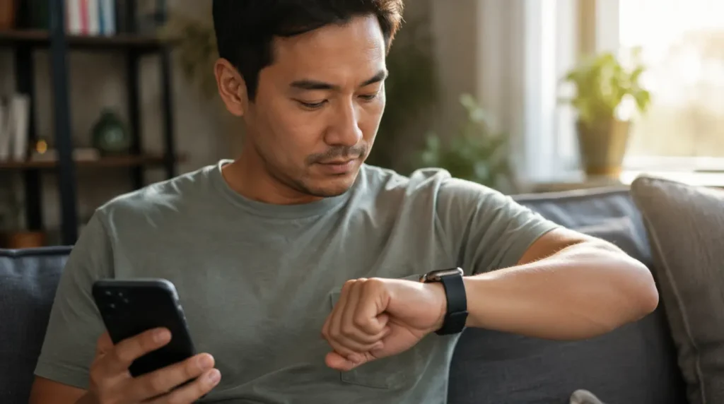 Person checking Apple Watch screen while troubleshooting ghost touch problem