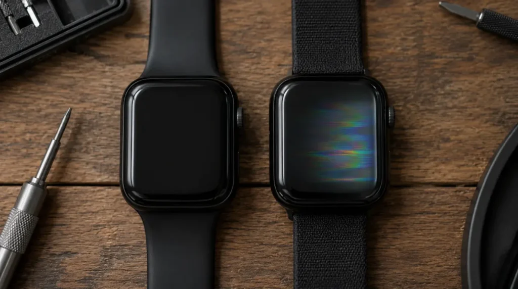 Two Apple Watches compared, one showing normal display and one flickering