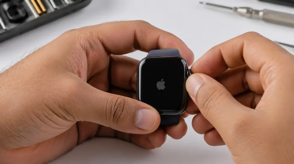 Force restarting an Apple Watch by holding side button and Digital Crown