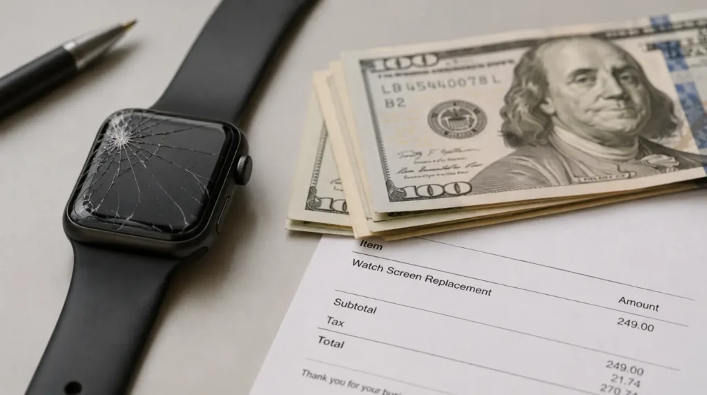 Cracked Apple Watch next to repair cost estimate and cash