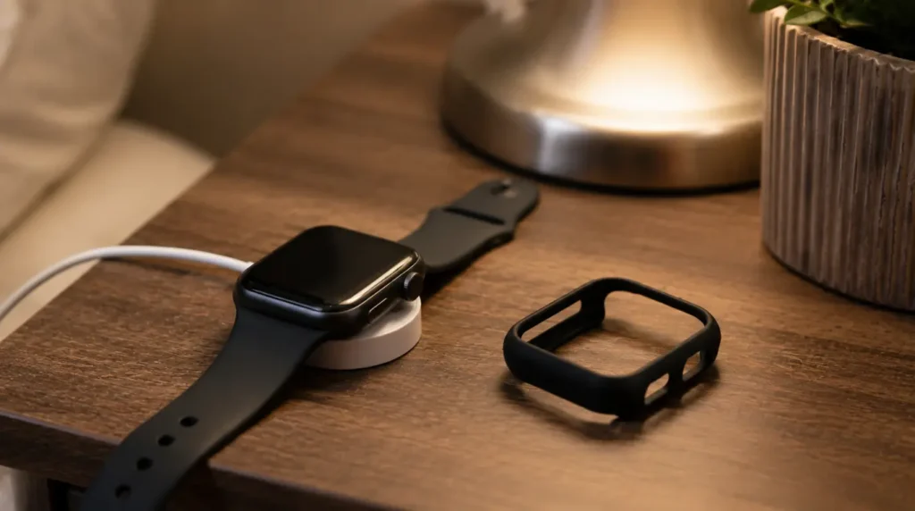 Apple Watch on charging puck next to protective bumper case