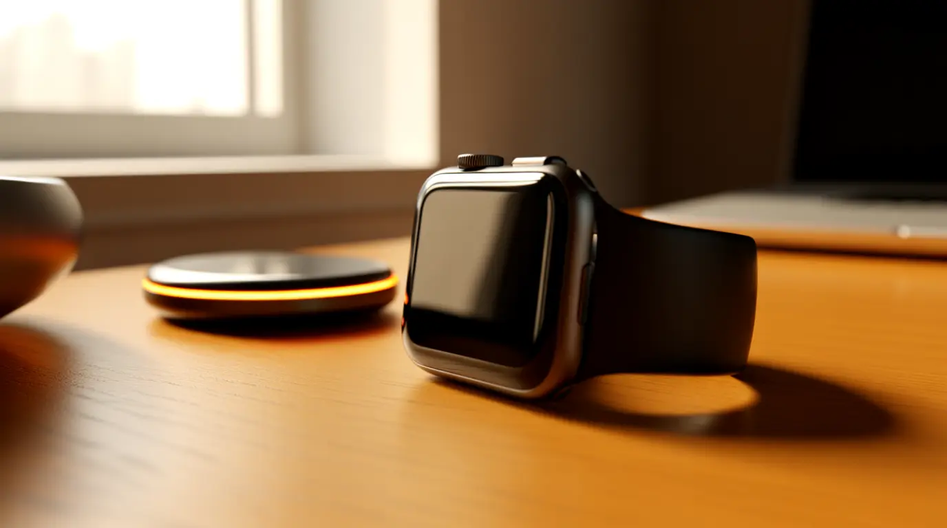 Apple Watch with a black unresponsive screen sitting next to its charger on a desk.