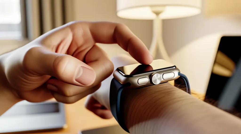 Hand pressing the side button on an Apple Watch to check for a screen response.