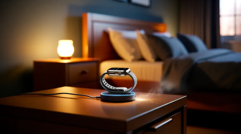 Apple Watch charging overnight on a nightstand during a software update.