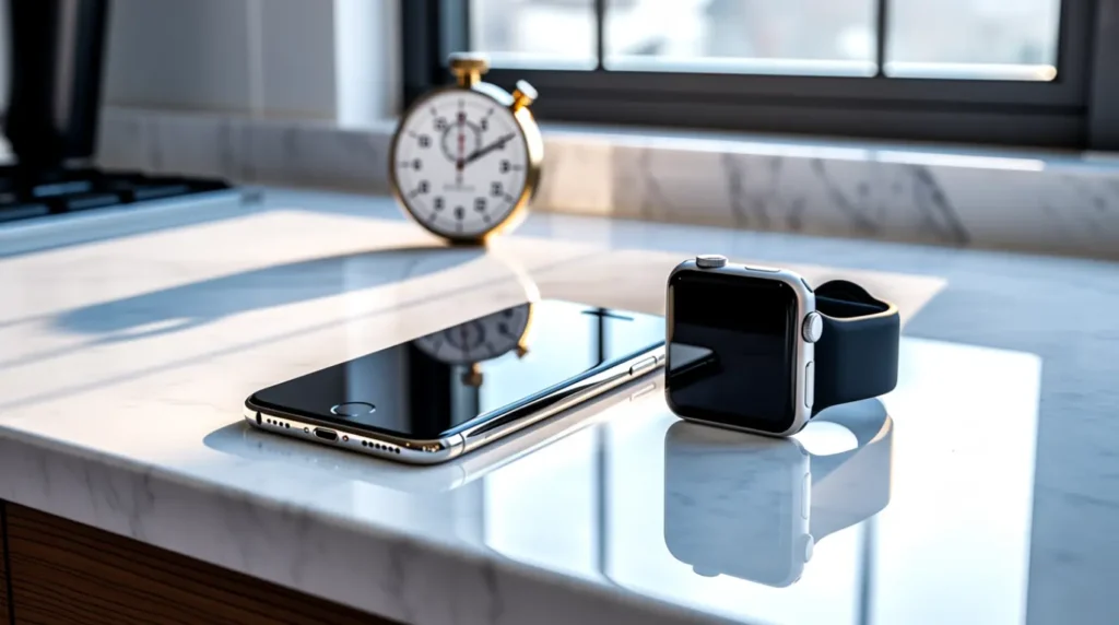 : iPhone and Apple Watch placed together during a quick screen diagnostic check.