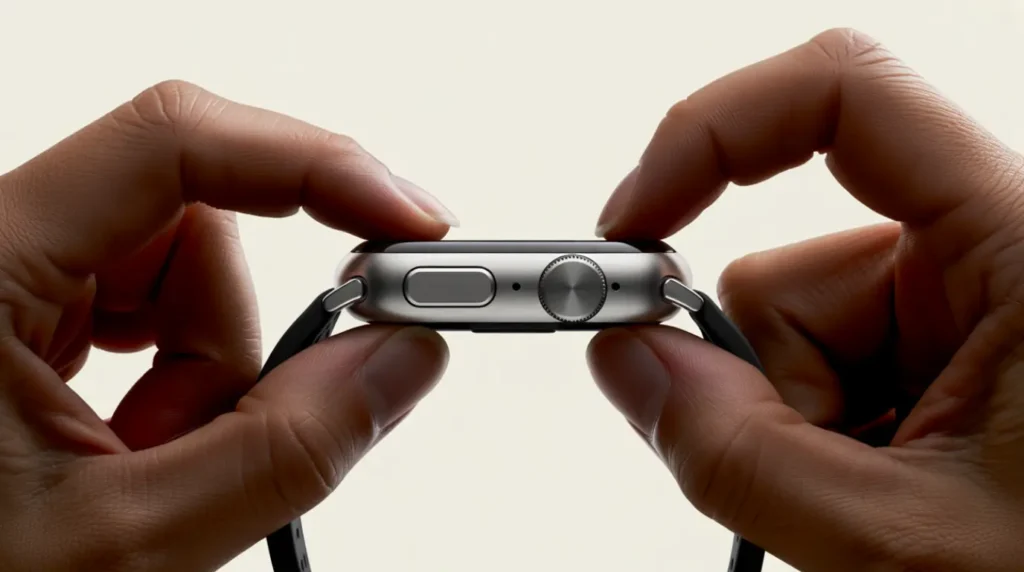 Hands performing a force restart on an Apple Watch using the side button and crown.