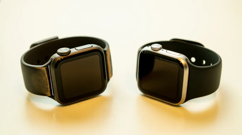 An older worn Apple Watch beside a newer model representing a repair or replace choice.