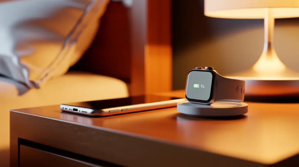 Apple Watch charging near its paired iPhone to prevent update interruptions.