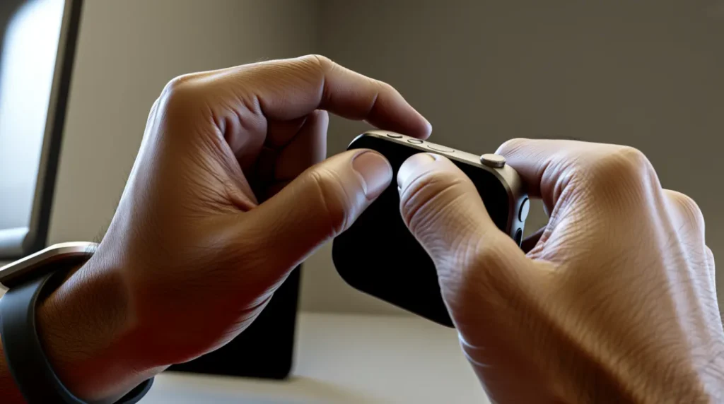 Hands repeatedly pressing Apple Watch buttons out of frustration during troubleshooting.