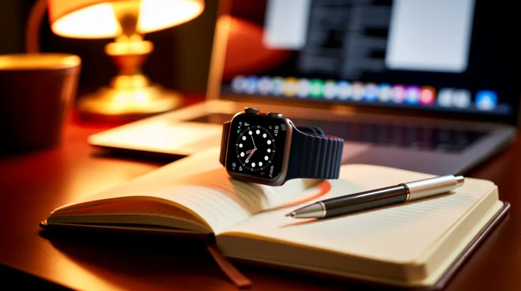 Apple Watch resting beside a notebook while someone researches troubleshooting answers.
