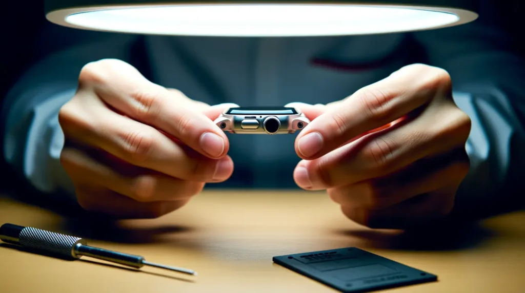 Technician examining an Apple Watch on a repair bench during a diagnostic check.