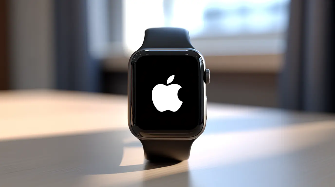 Apple Watch stuck on Apple logo screen while resting on a wooden desk