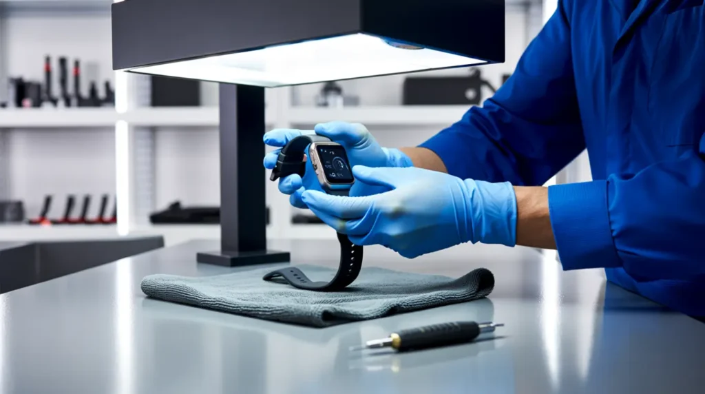 Technician inspecting an Apple Watch for hardware damage during professional repair
