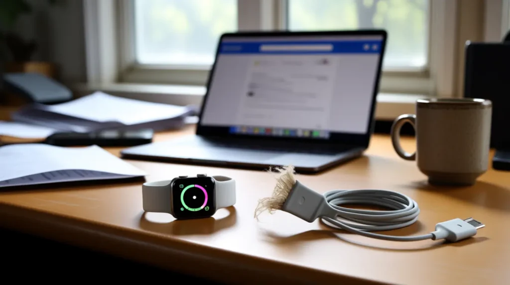 Frayed charging cable next to an unplugged Apple Watch showing a common troubleshooting mistake