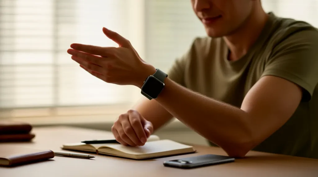 Person holding an Apple Watch while reading common questions about the stuck logo issue
