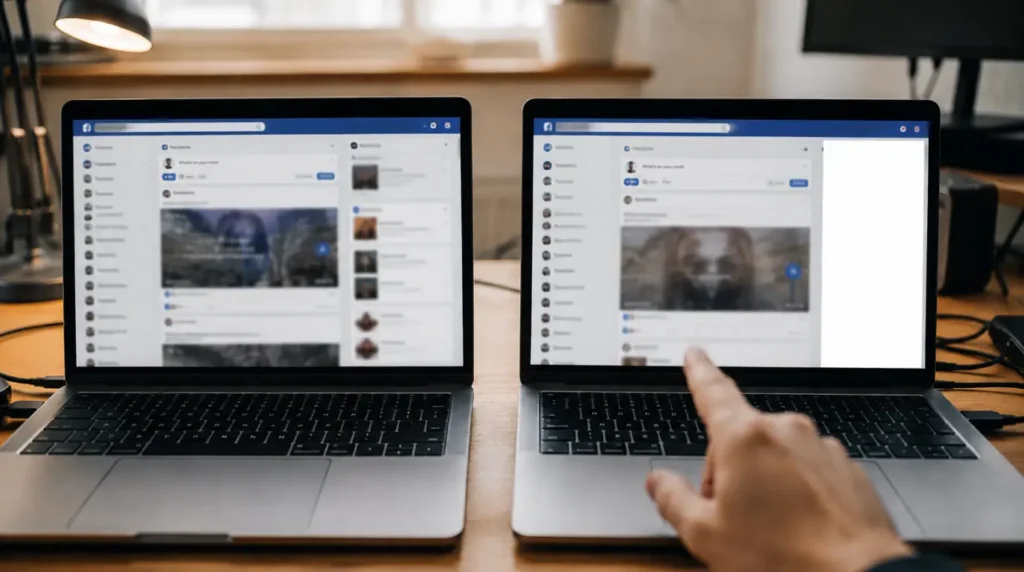 Two laptops side by side comparing a normal browser page against one with a blank section