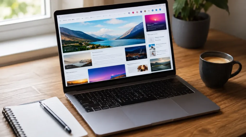Clean organized desk with a laptop showing a fully loaded browser window