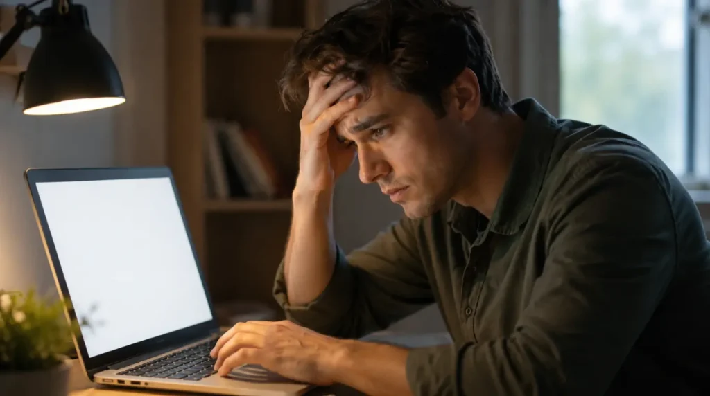 Person looking frustrated at a laptop with a blank section on the browser screen