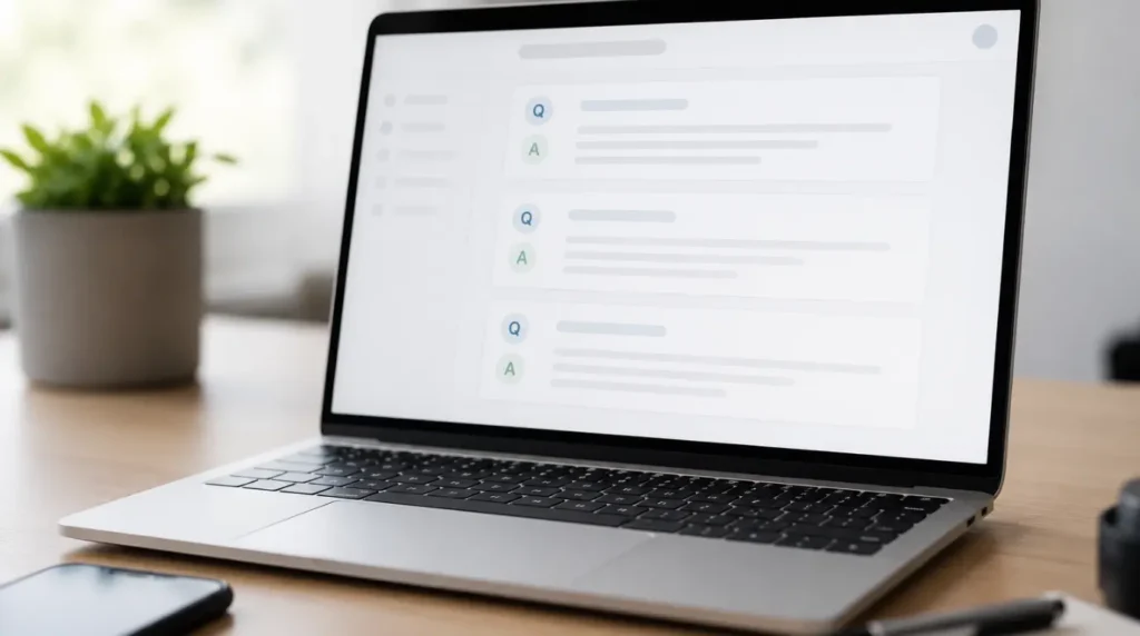 Laptop screen displaying a simple question and answer style webpage layout