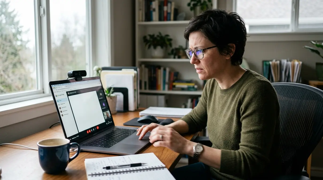 Person frustrated at laptop showing Google Meet white screen instead of video call