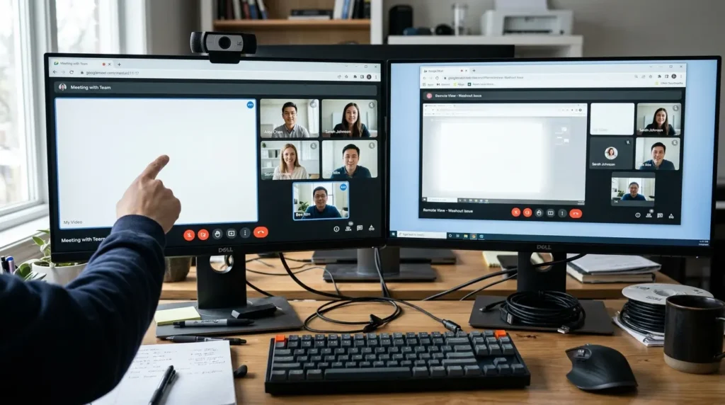 Two monitors comparing Google Meet camera white screen versus blank shared screen issue