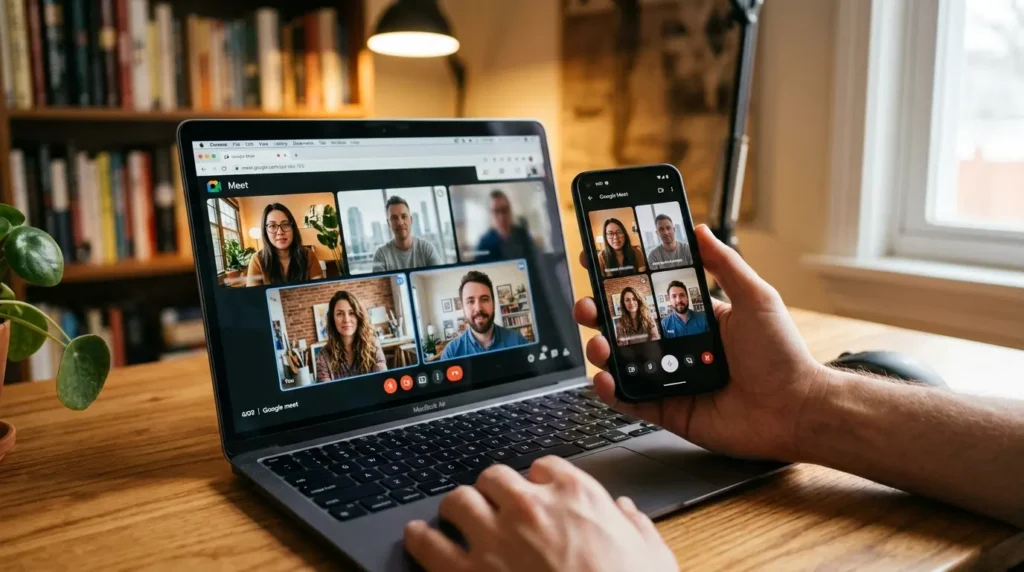 Comparing Google Meet white screen on laptop Chrome versus working mobile app camera