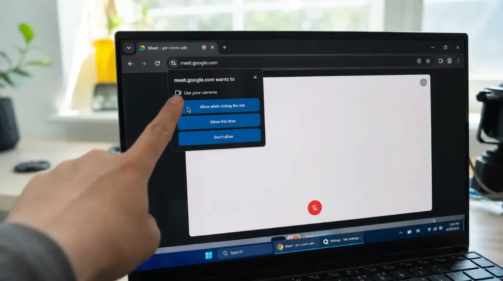 Resetting Chrome camera permission to fix Google Meet white screen issue
