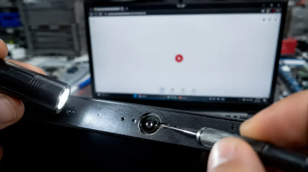 Technician inspecting laptop webcam lens to rule out hardware cause of white screen