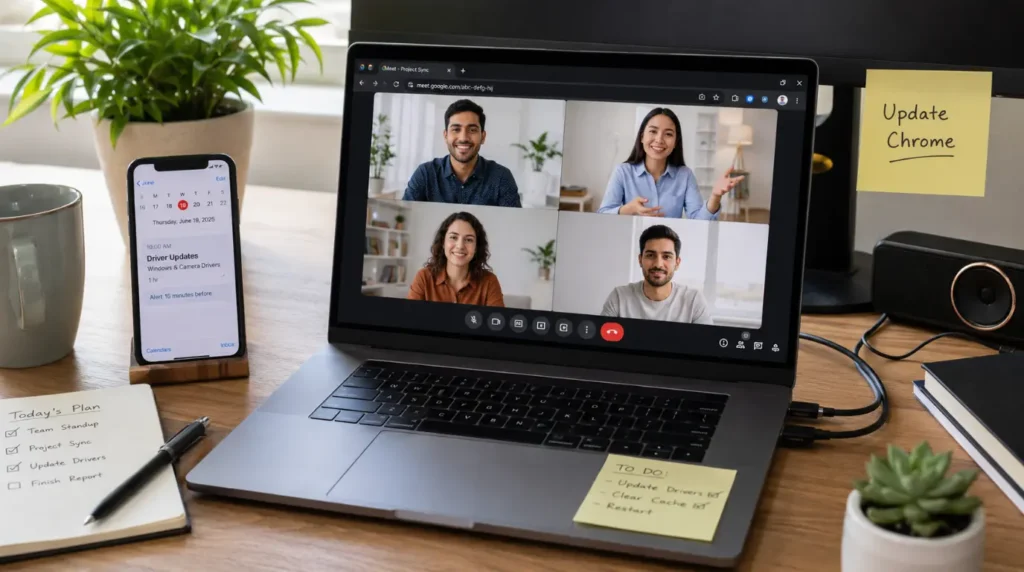 Clean home office desk with working Google Meet call and Chrome update reminder note