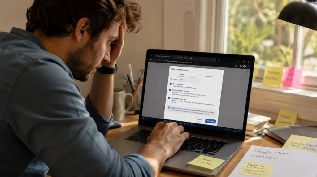 Person about to clear all Chrome data while troubleshooting Google Meet white screen