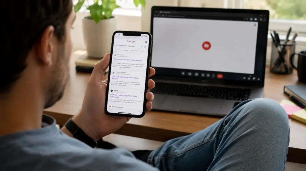 Person searching Google for Google Meet white screen issue on smartphone