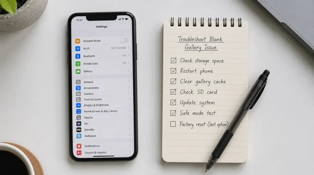 Checklist summarizing causes and fixes for the Google Photos white screen issue
