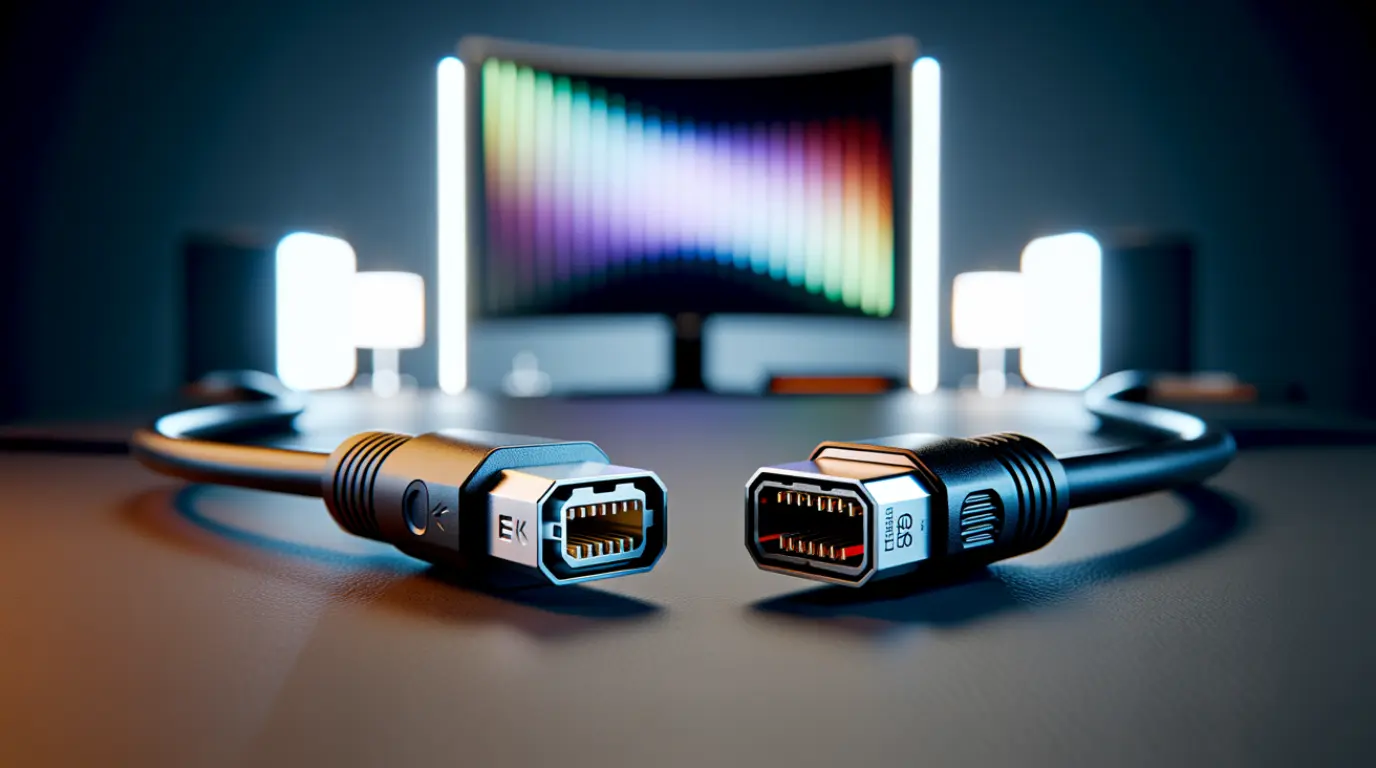 Close-up of HDMI and DisplayPort cable connectors beside a glowing 4K monitor on a desk.