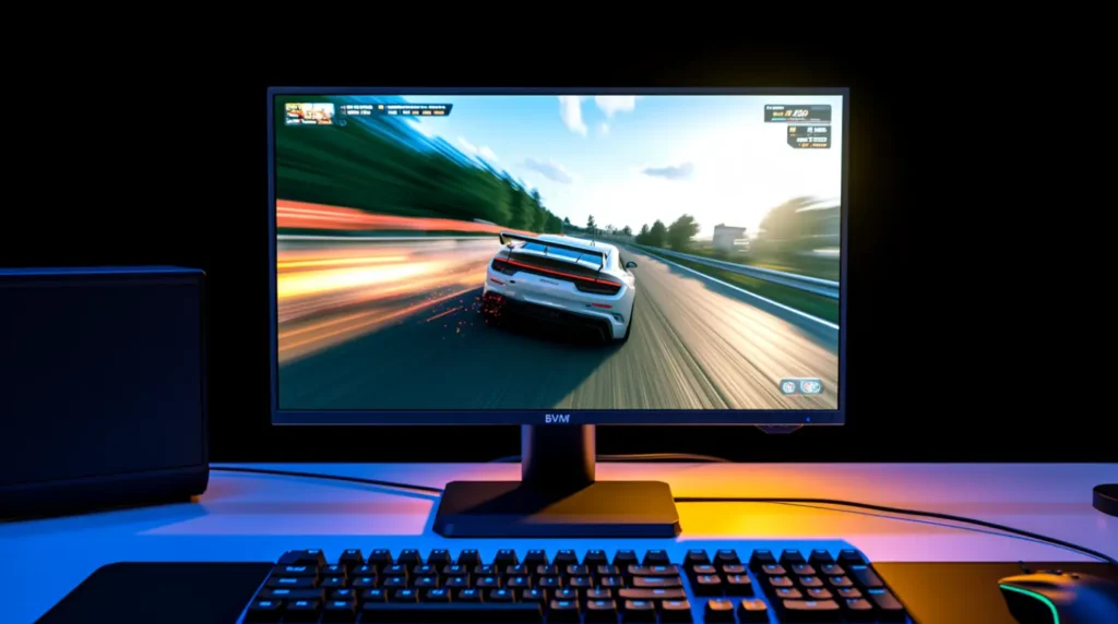Gaming monitor displaying a fast-motion racing scene in a dim, ambient-lit room.
