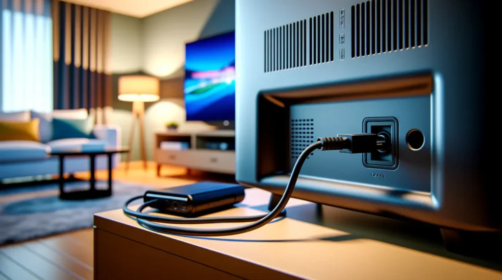 HDMI cable connecting a game console to the rear port of a wall-mounted TV.