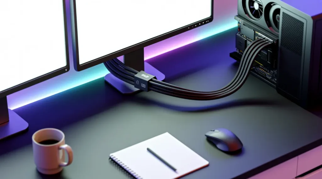 Dual-monitor PC setup with DisplayPort cables connected to a desktop graphics card.
