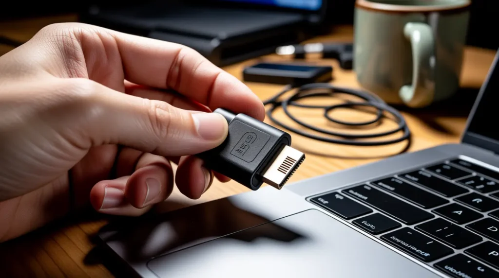 Hand inspecting a worn HDMI cable connector for damage near a laptop port.