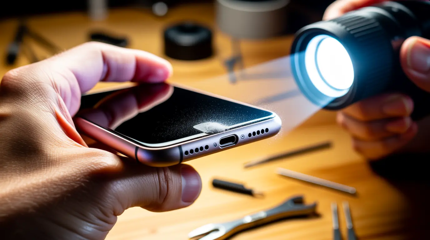 Hand shining flashlight into a dusty iPhone charging port to inspect lint buildup