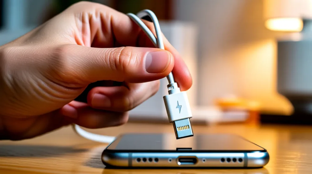 Charging cable tilted at an angle into an iPhone port showing a visible connection gap