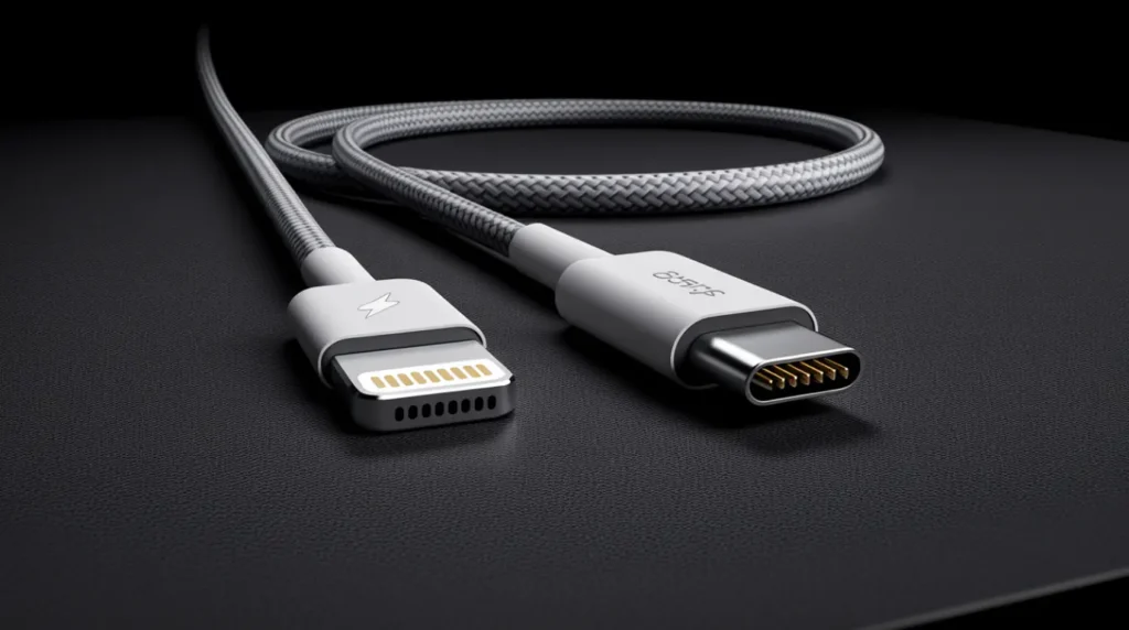 Side by side macro comparison of an iPhone Lightning connector and a USB-C connector